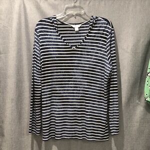 1027/ Christopher Banks, Navy & White L/S Top with Hood, Sz L, Ex. Cond.
